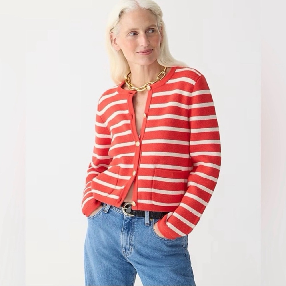 J.Crew Red and White Striped Cardigan Size S